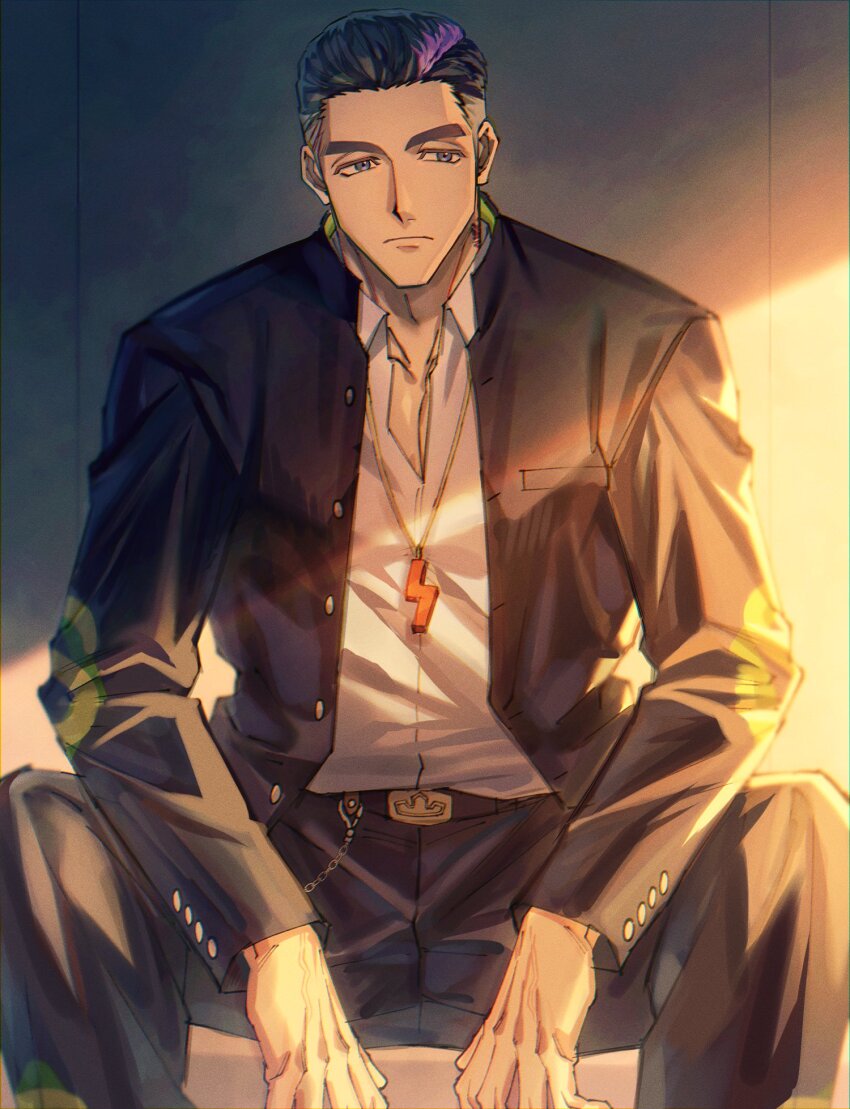 1boy, bara, black_hair, blue_eyes, bucchigiri?!, domo_(domo_kizusuki), expressionless, feet_out_of_frame