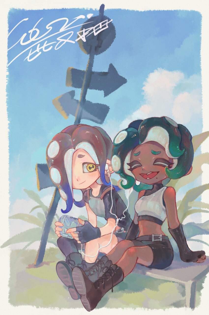 2girls, alternate_hair_length, alternate_hairstyle, black_gloves, black_hair, black_skirt, blue_hair, blue_sky