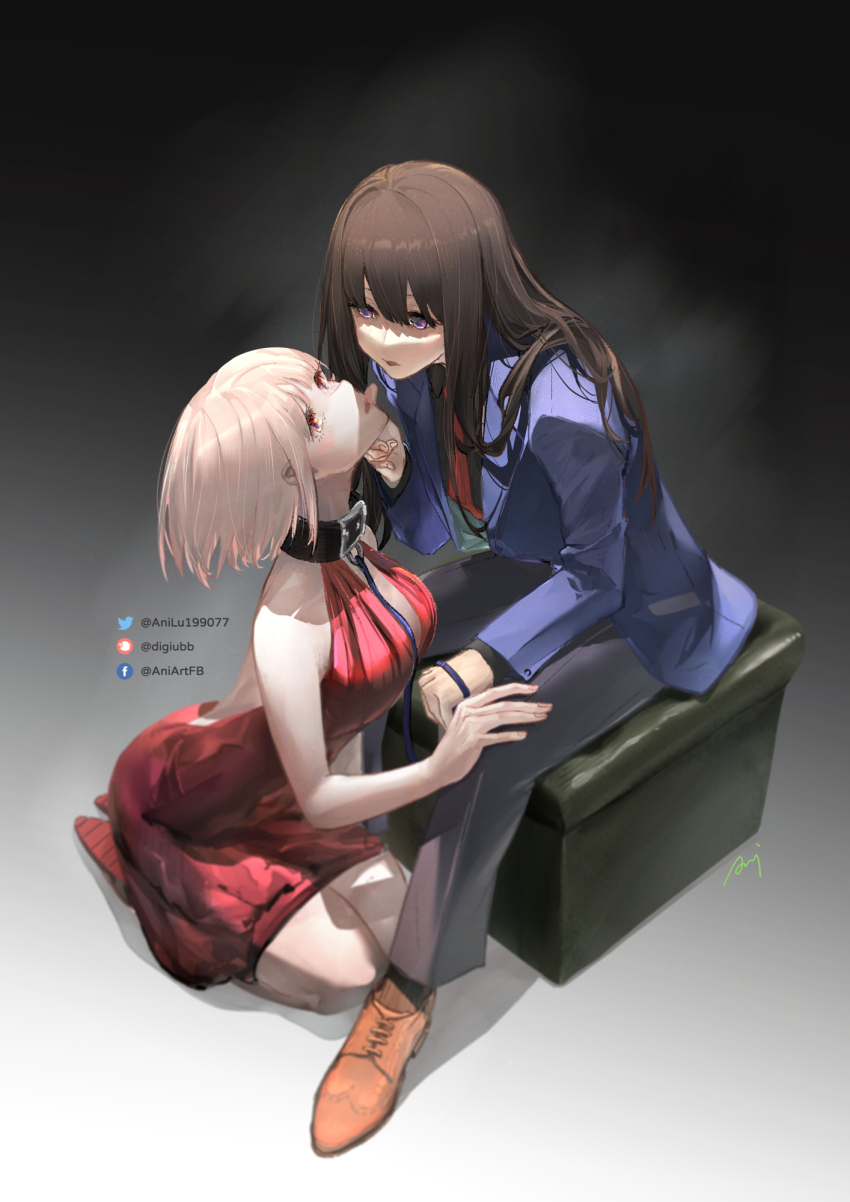 2girls, ani_lu, backless_dress, backless_outfit, black_background, black_hair, black_pants, black_shirt