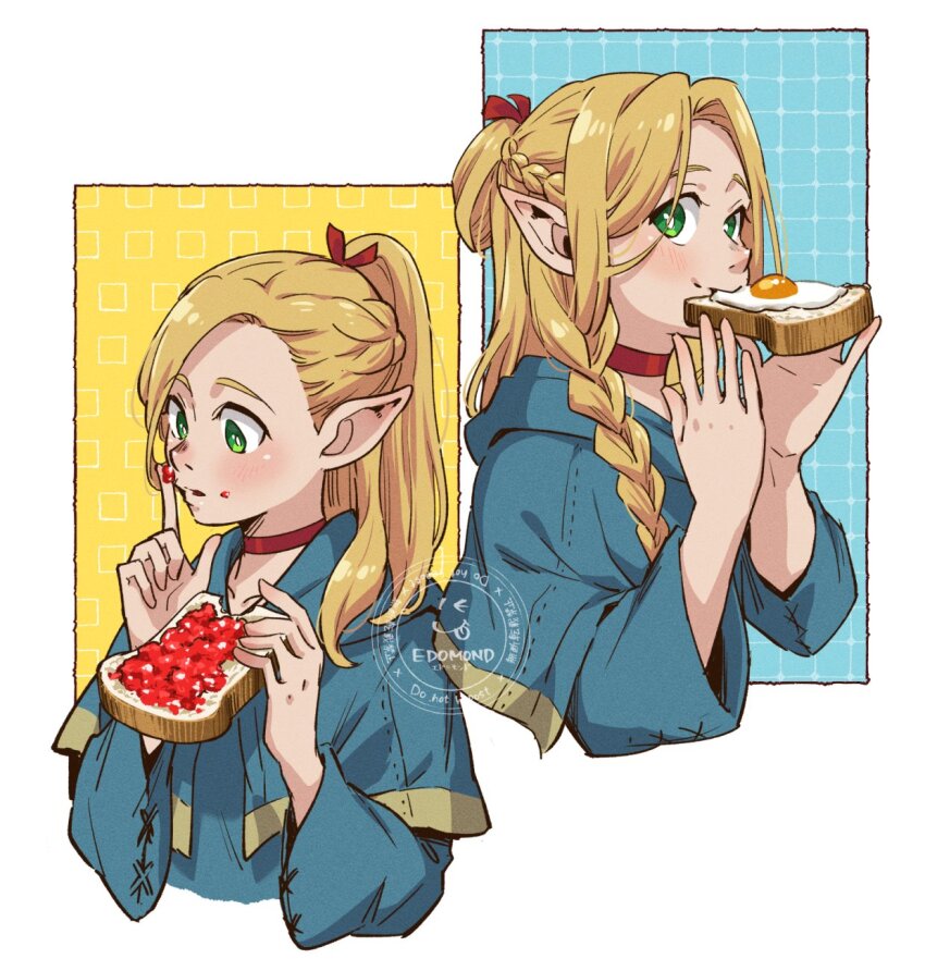 1girl, artist_logo, blonde_hair, blue_capelet, blue_robe, braid, bread_slice, capelet