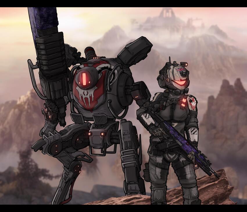 1girl, absurdres, assault_rifle, assault_visor, black_jacket, commentary, english_commentary, facing_to_the_side, gloves, glowing, grey_gloves, grey_pants, gun, helmet, highres, holding, holding_gun, holding_weapon, jacket, letterboxed, mecha, menacecide, mountain, northstar_(titanfall), pants, pilot_(titanfall_2), pulse_blade_pilot_(titanfall_2), r-201_soar, rifle, robot, science_fiction, solo, titan_(titanfall), titanfall_(series), titanfall_2, trigger_discipline, union_jack, weapon