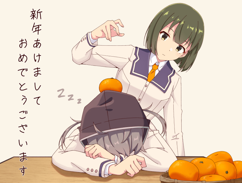 2girls, ahoge, ban_tsugumi, bob_cut, collared_shirt, commentary_request, food, food_on_head