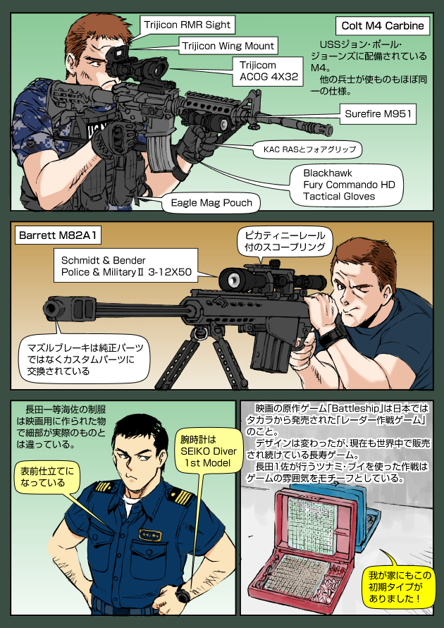 2boys, alex_hopper, anti-materiel_rifle, assault_rifle, barrett_firearms_manufacturing, barrett_m82, battleship_(game), battleship_(movie), black_hair, board_game, brown_hair, bulletproof_vest, carbine, colt's_manufacturing_company, english_text, gun, japan_maritime_self-defense_force, japan_self-defense_force, japanese_text, m4_carbine, military, military_uniform, multiple_boys, muta_koji, nagata_yugi, rifle, sniper_rifle, story_time_(muta_koji), translation_request, united_states_navy, watch, weapon, weapon_focus, weapon_name, weapon_profile