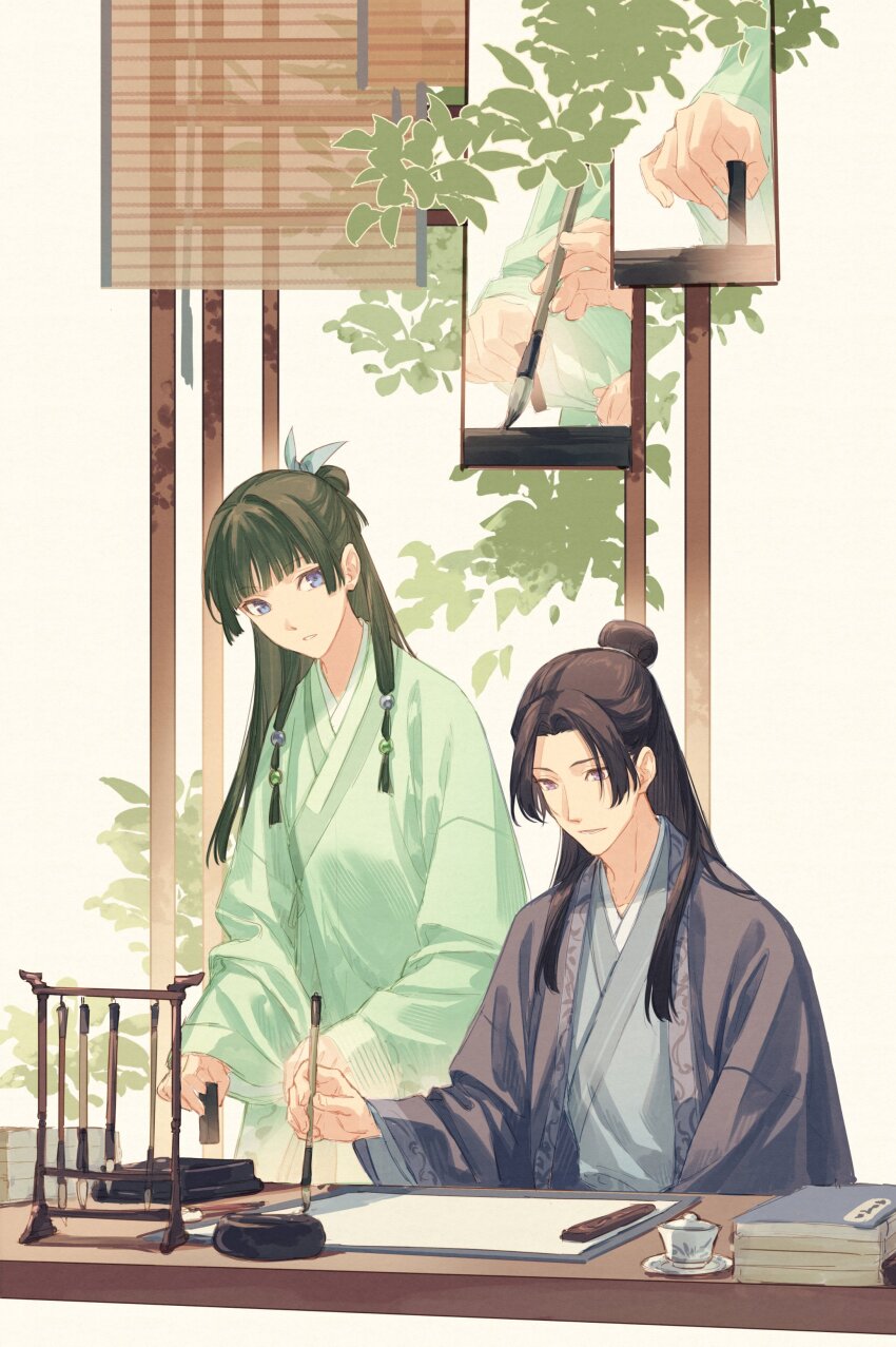 1boy, 1girl, absurdres, bamboo_screen, black_hair, blue_eyes, blue_jacket, blue_ribbon, blue_robe, blunt_bangs, book, book_stack, branch, calligraphy_brush, commentary, dress, gaiwan, green_dress, hair_bun, hair_over_shoulder, hair_ribbon, half_updo, hanging_scroll, highres, holding, holding_calligraphy_brush, holding_paintbrush, inkwell, jacket, jinshi_(kusuriya_no_hitorigoto), kusuriya_no_hitorigoto, long_sleeves, looking_at_viewer, maomao_(kusuriya_no_hitorigoto), multi-tied_hair, paintbrush, paintbrush_rack, painting_(object), paper, parted_bangs, purple_eyes, ribbon, robe, sauce, scroll, single_hair_bun, sitting, standing, table, tsubsa_syaoin, wide_sleeves, writing