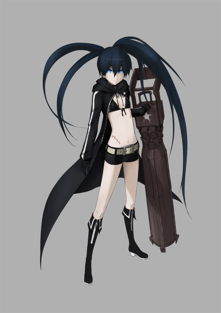 10s, 1girl, arm_cannon, bikini, bikini_top_only, black_hair, black_rock_shooter, black_rock_shooter_(character)