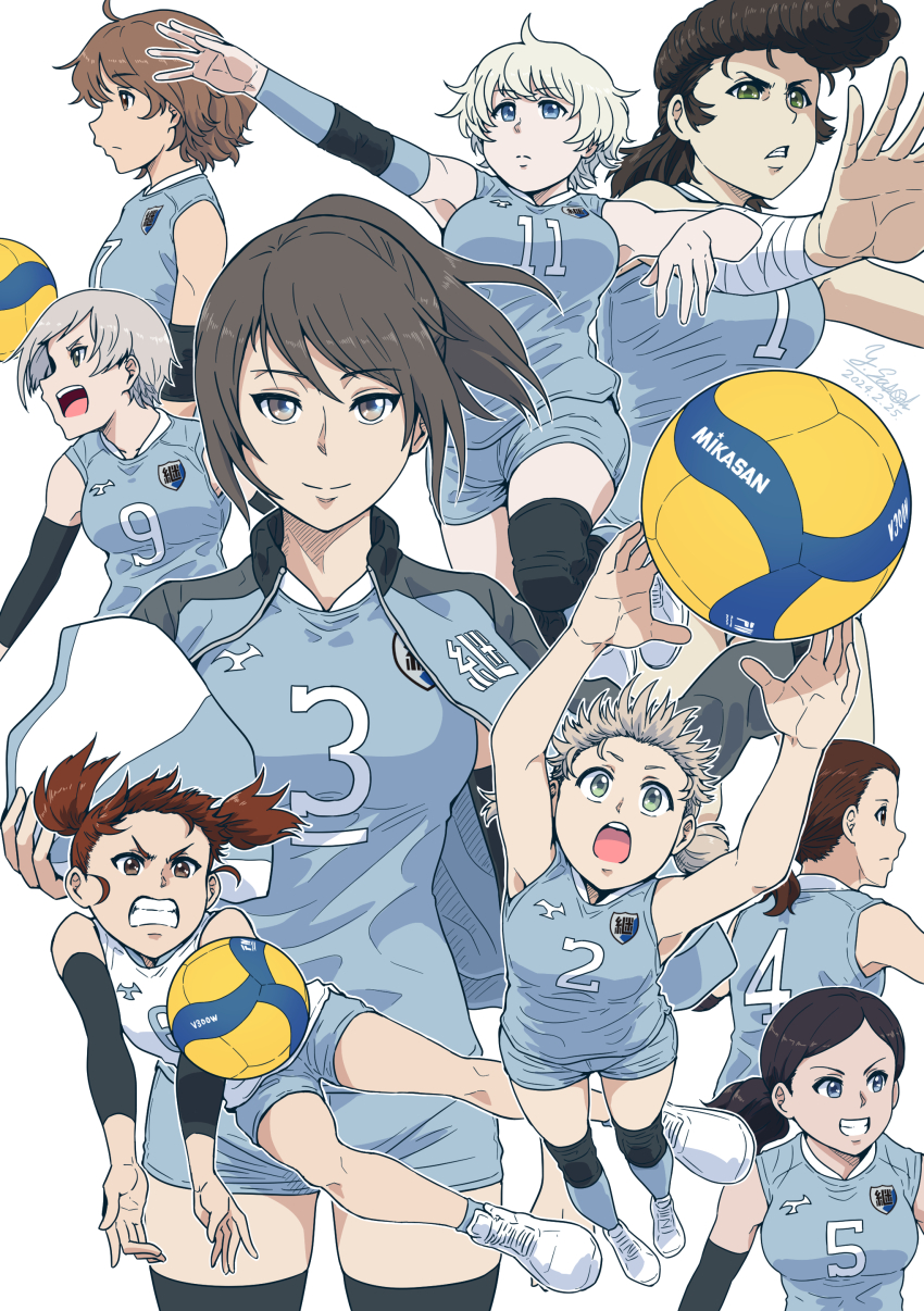 6+girls, absurdres, aki_(girls_und_panzer), alternate_hairstyle, ankle_socks, ari_(girls_und_panzer), arms_up, artist_name