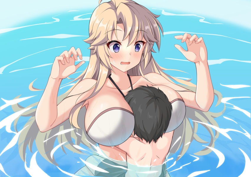 1boy, 1girl, between_breasts, bikini, black_hair, blonde_hair, blush, breast_smother, breasts, collarbone, commentary_request, face_between_breasts, face_to_breasts, head_between_breasts, highres, kohagura_ellen, large_breasts, long_hair, looking_at_another, maruta_(denmasked), open_mouth, partially_submerged, sidelocks, standing, sweatdrop, swimsuit, toji_no_miko, upper_body, water, white_bikini