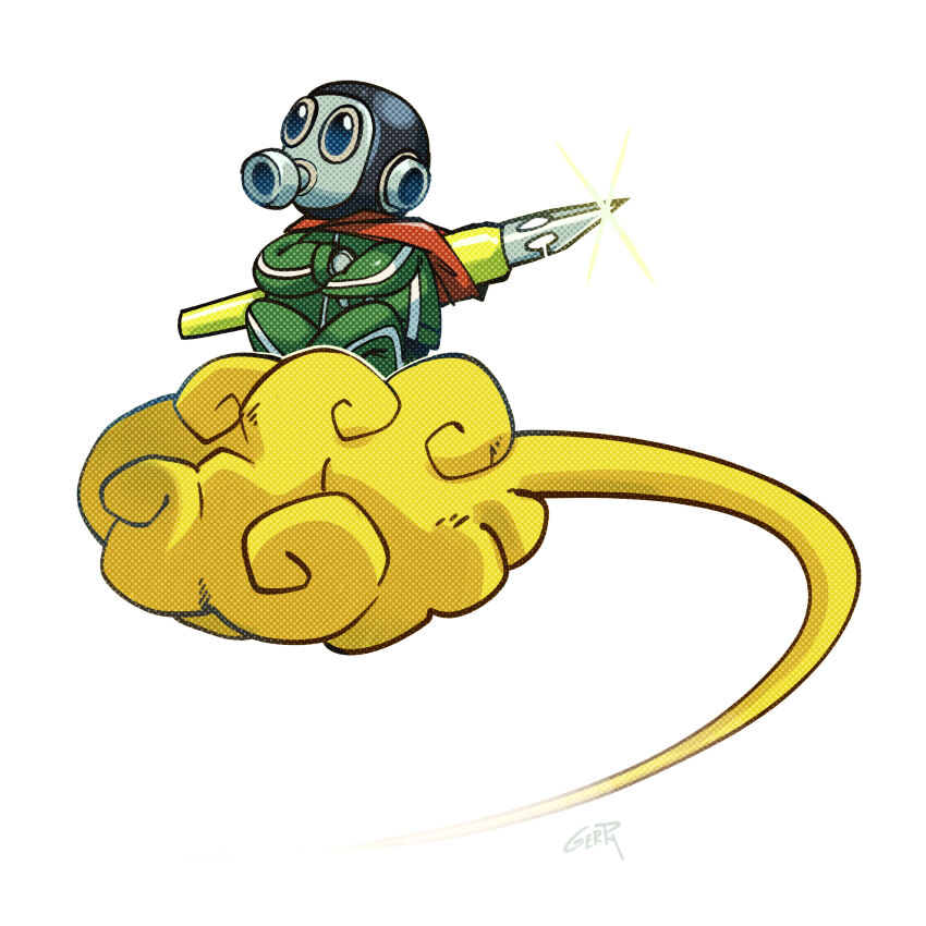 1boy, 2024, absurdres, crossed_arms, crossed_legs, death, dragon_ball, flying, flying_nimbus, full_body, gerph, highres, looking_to_the_side, oversized_object, real_life, signature, simple_background, tori-bot, toriyama_akira_(character)