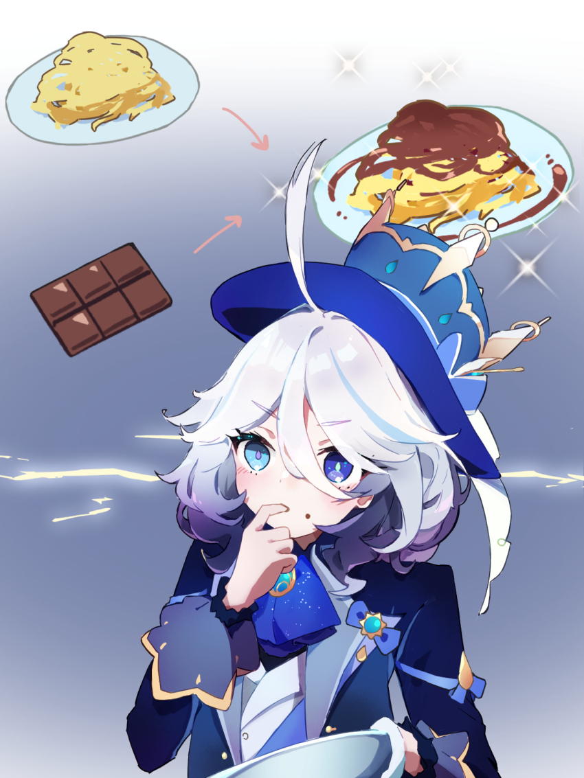 1girl, ahoge, ascot, blue_ascot, blue_eyes, blue_hair, blue_headwear, blue_jacket, candy, chikuzen1996, chocolate, chocolate-covered_food, chocolate_bar, chocolate_on_spaghetti, finger_in_own_mouth, food, food_on_face, furina_(genshin_impact), genshin_impact, gloves, gold_trim, gradient_background, gradient_hair, hair_between_eyes, hand_up, hat, heterochromia, highres, holding, holding_plate, jacket, jewelry, lolita_fashion, medium_hair, multicolored_hair, open_clothes, open_jacket, ouji_fashion, pasta, plate, shirt, simple_background, single_glove, sleeve_cuffs, spaghetti, sparks, top_hat, two-tone_background, two-tone_hair, v-shaped_eyebrows, white_gloves, white_hair, white_shirt