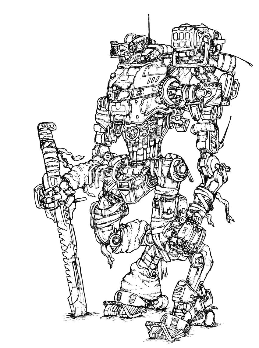 absurdres, bandaged_arm, bandaged_leg, bandages, commentary, english_commentary, greyscale, highres, holding, holding_sword, holding_weapon, ink_(medium), mecha, mecha_focus, missile_pod, monochrome, robot, science_fiction, stryder_(titanfall), sword, theliteralbestrobot, titan_(titanfall), titanfall, titanfall_(series), traditional_media, weapon, white_background
