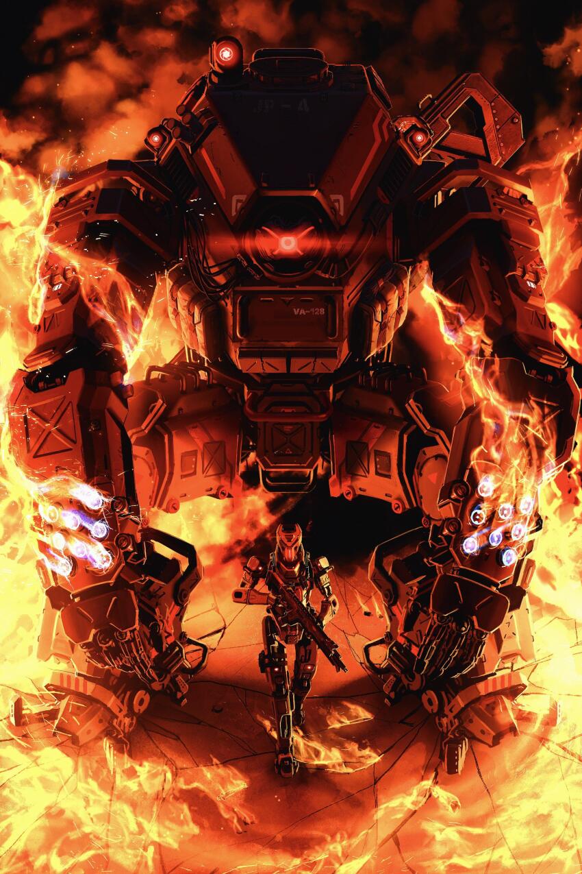 absurdres, assault_rifle, cable, commentary, english_commentary, gun, highres, holding, holding_gun, holding_weapon, humanoid_robot, ion_(titanfall_2), looking_at_viewer, mecha, mecha_focus, one-eyed, r-201_soar, rifle, robot, science_fiction, stalker_(titanfall), theliteralbestrobot, titan_(titanfall), titanfall_(series), titanfall_2, weapon