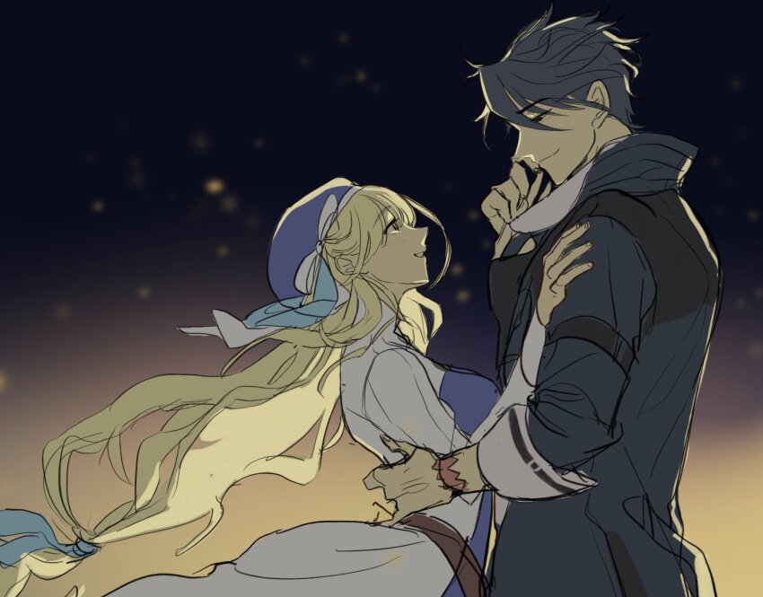 1boy, 1girl, agnes_claudel, beret, black_hair, blonde_hair, eiyuu_densetsu, floating_hair