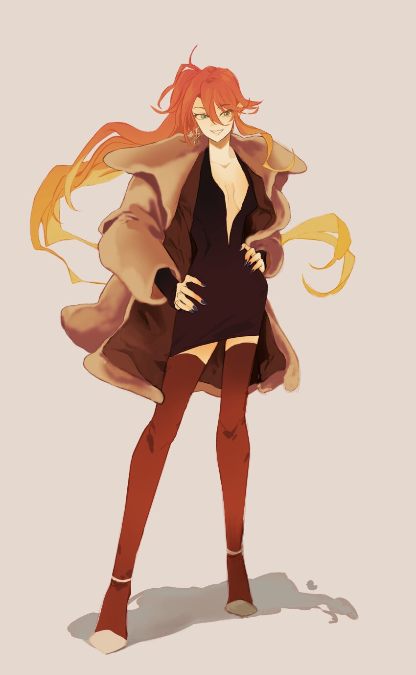 1girl, absurdres, breasts, cleavage_cutout, clothing_cutout, commentary, double-parted_bangs, dress