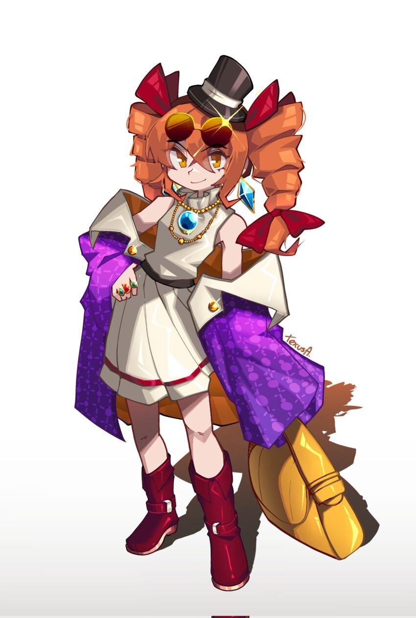 1girl, bag, black_hat, closed_mouth, coat, commentary, dress, drill_hair