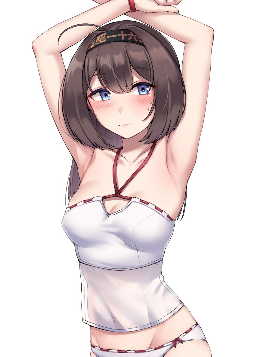 1girl, absurdres, akizuki_(kancolle), akizuki_(swimsuit)_(kancolle), armpits, arms_up, bikini, black_hair