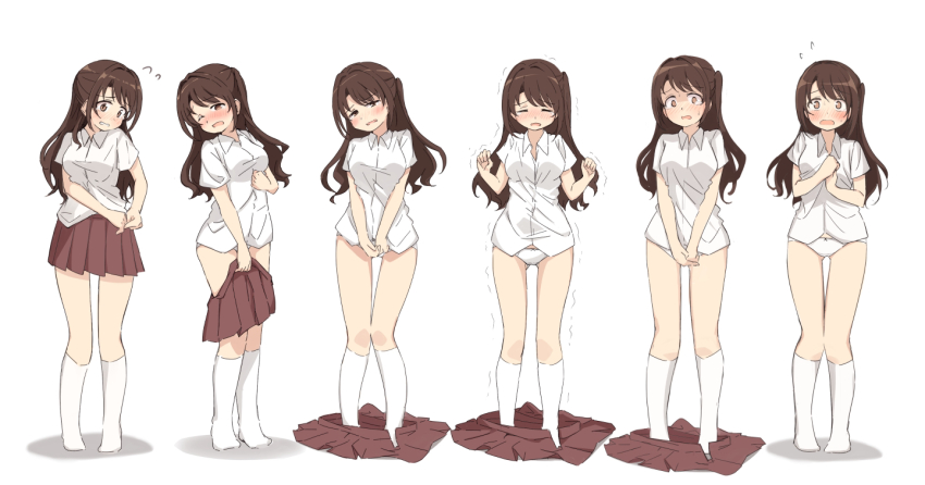 1girl, averting_eyes, breasts, brown_hair, brown_skirt, commentary_request, covering_crotch, covering_privates