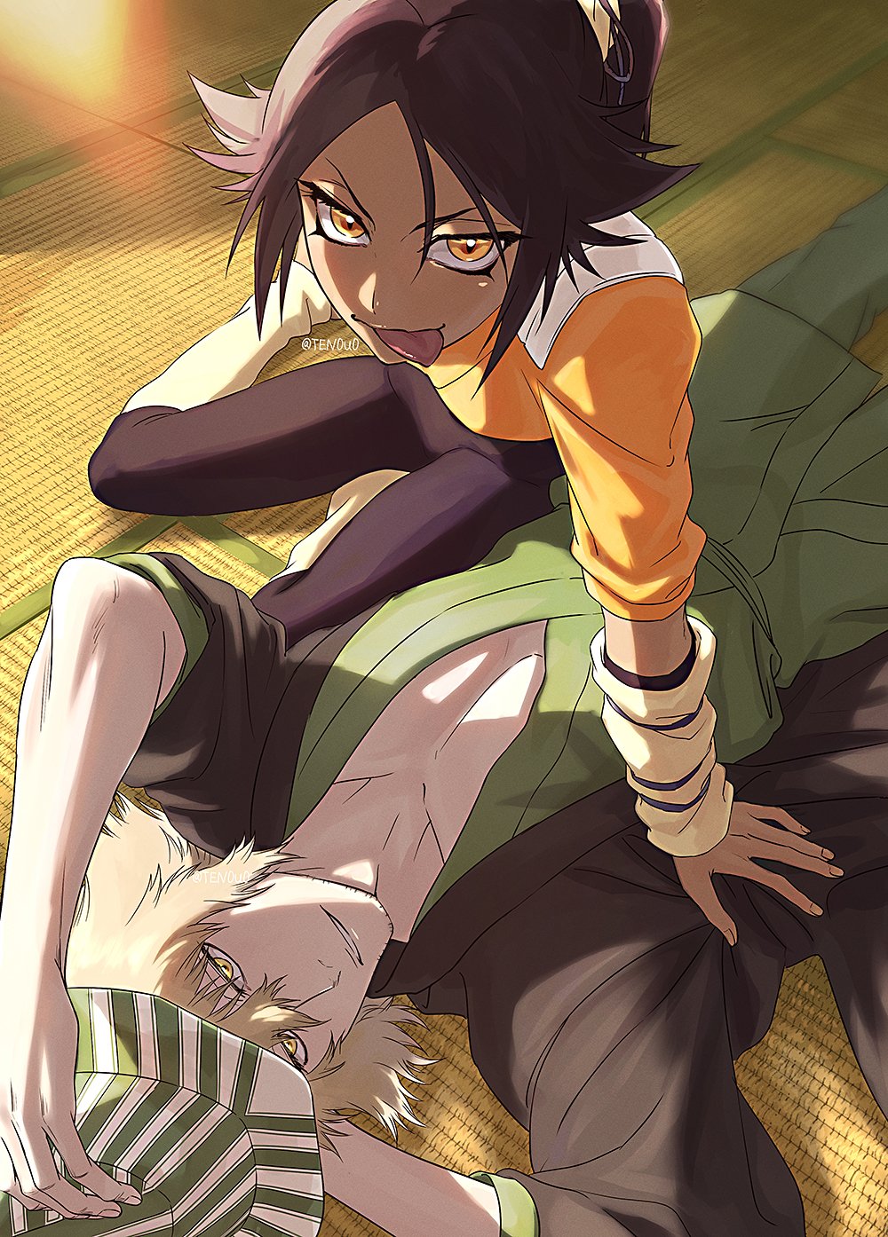 1boy, 1girl, arm_behind_head, arm_warmers, artist_name, beard_stubble, bleach, blonde_hair