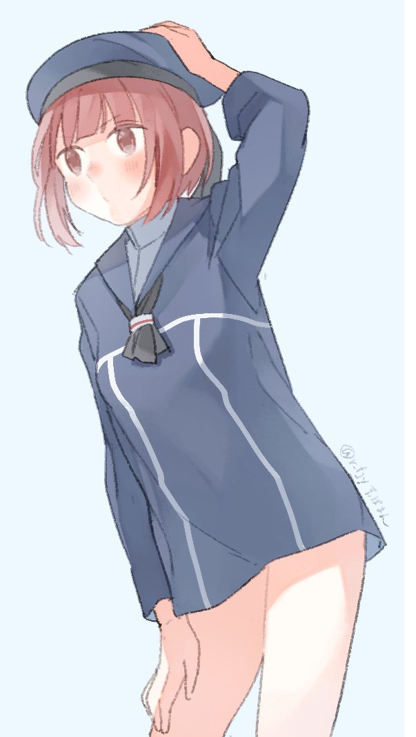 1girl, black_neckerchief, blue_dress, blue_hat, blue_sailor_collar, brown_eyes, brown_hair, cowboy_shot