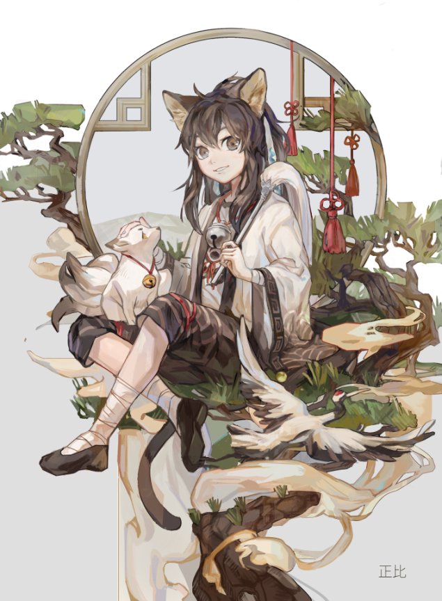 1boy, animal_ear_fluff, animal_ears, bandaged_arm, bandaged_foot, bandages, bell, bird