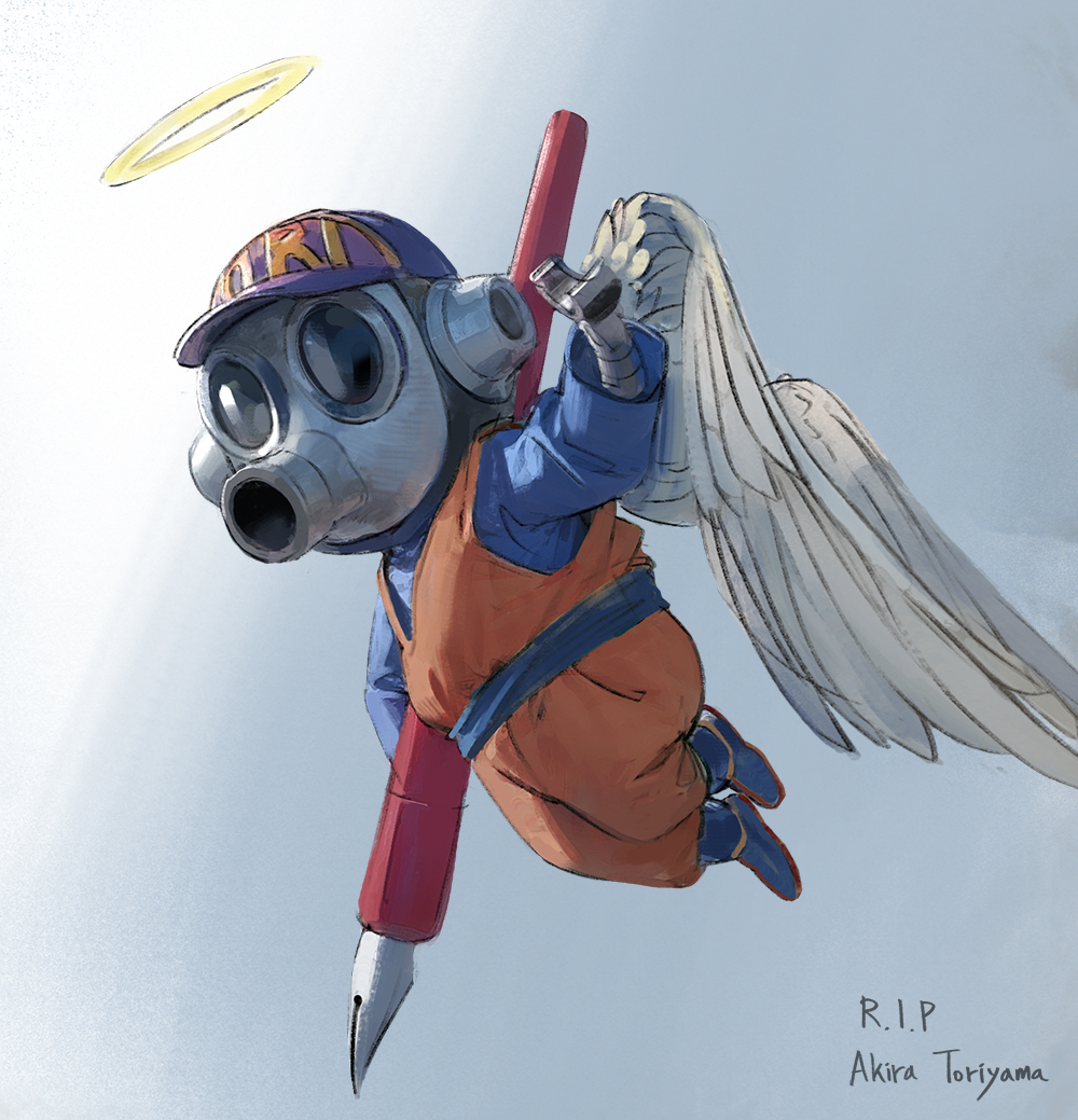 1boy, angel_wings, baseball_cap, character_name, dougi, dragon_ball, dragonball_z, feathered_wings, full_body, halo, hat, holding, looking_at_viewer, male_focus, mask, mechanical_arms, mixed-language_commentary, real_life, rest_in_peace_(phrase), sangsoo_jeong, simple_background, solo, tori-bot, toriyama_akira_(character), toriyama_akira_(style), white_wings, wings