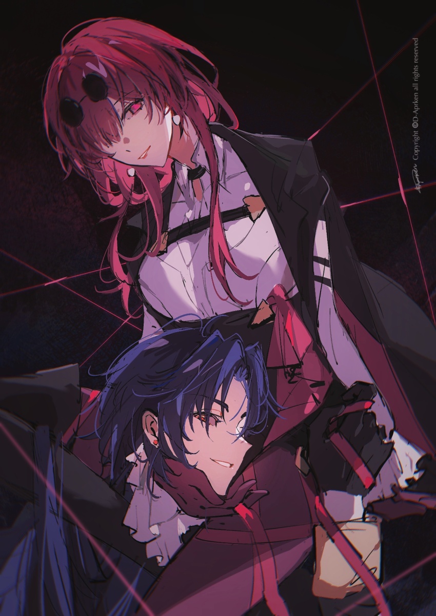 1boy, 1girl, black_jacket, blade_(honkai:_star_rail), couple, d-aprken, earrings, eyewear_on_head