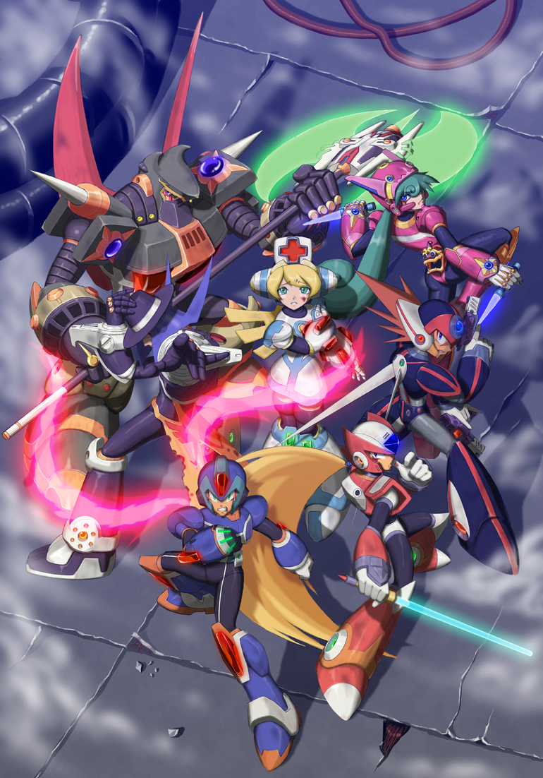 armor, axe, axl_(mega_man), energy_sword, blonde_hair, blue_eyes, breasts, capcom, cinnamon_gaudille, green_eyes, gun, halloween, hat, helmet, kunai, large_breasts, lightsaber, marino_(mega_man), ninja, nurse, robot, mega_man_(series), mega_man_x_(series), mega_man_x:_command_mission, spider_(mega_man), steel_maximo, sword, weapon, x_(mega_man), zero_(mega_man)