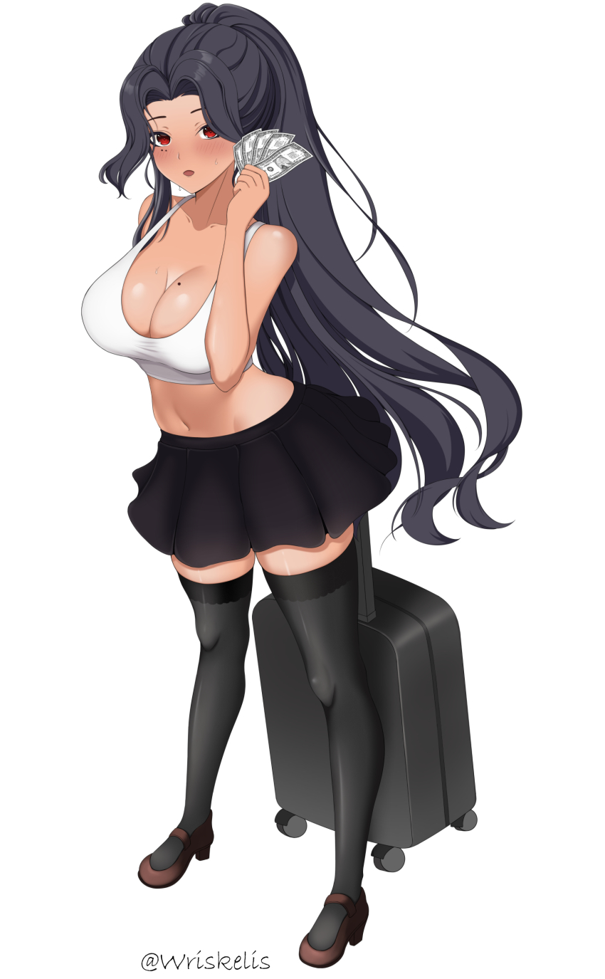 1girl, absurdres, black_hair, black_skirt, black_thighhighs, breasts, brown_footwear, cleavage