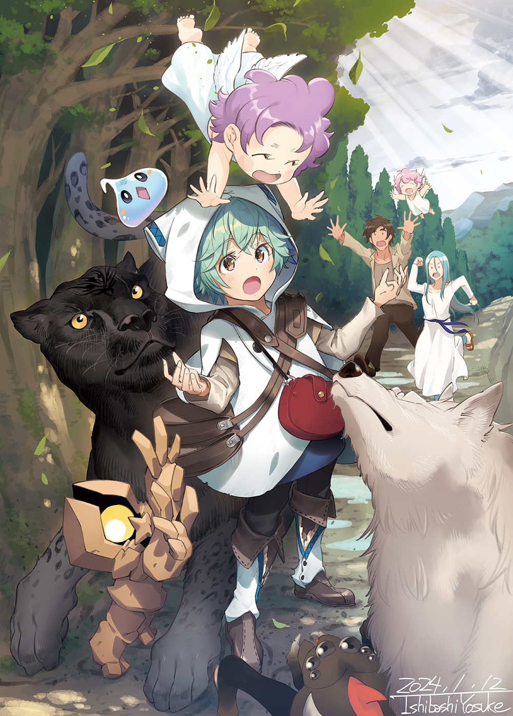 bag, character_request, ciel_(saijaku_tamer), coat, crossover, diamond_mouth, forest, handbag