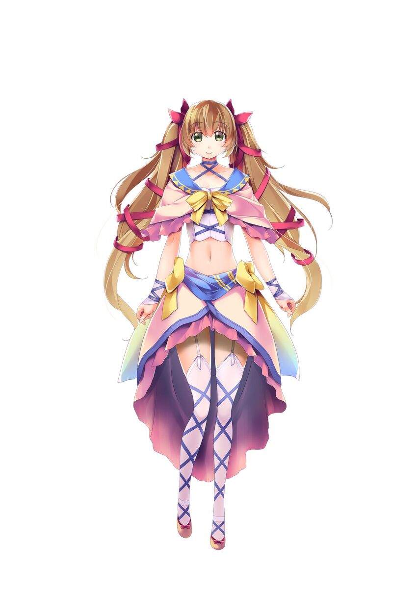 1girl, atelier-moo, brown_hair, carol_(our_battle_has_just_begun!), collarbone, full_body, green_eyes, hair_between_eyes, hair_ribbon, highres, long_hair, narrow_waist, navel, our_battle_has_just_begun!, red_ribbon, ribbon, smile, solo, standing, twintails, very_long_hair, yellow_ribbon