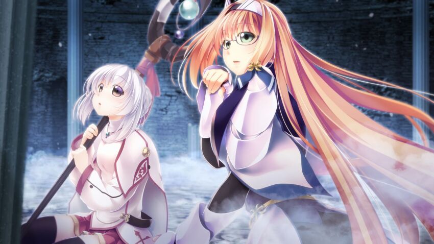 2girls, armor, atelier-moo, black_thighhighs, breasts, brown_hair, dungeon, glasses