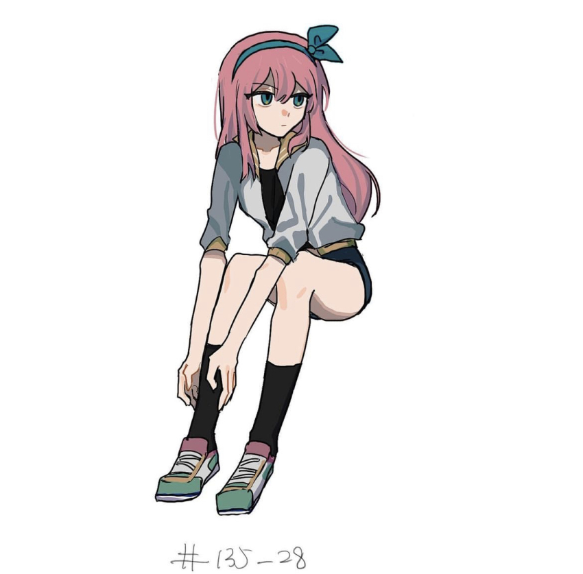 1girl, aqua_eyes, aqua_hairband, aubrey_(faraway)_(omori), aubrey_(omori), black_shirt, black_socks, closed_mouth