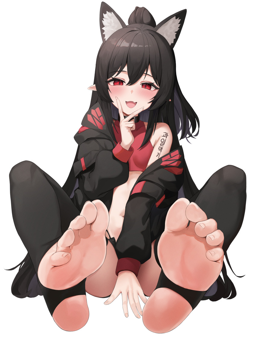 1girl, absurdres, animal_ear_fluff, animal_ears, ass, bare_shoulders, between_legs, black_choker, black_hair, black_jacket, black_shorts, black_thighhighs, breasts, choker, commission, convenient_arm, crop_top, diamond-shaped_pupils, diamond_(shape), extra_ears, fang, feet, hair_between_eyes, half_updo, hand_between_legs, hand_up, highleg, highres, jacket, legs_up, long_hair, long_sleeves, looking_at_viewer, micro_shorts, midriff, navel, off_shoulder, open_clothes, open_fly, open_jacket, open_mouth, original, panty_straps, podo_(hrodvitnir), pointy_ears, presenting_foot, red_eyes, red_shirt, second-party_source, shirt, shorts, sidelocks, simple_background, sleeveless, sleeveless_shirt, small_breasts, smile, soles, solo, stirrup_legwear, stomach, symbol-shaped_pupils, thighhighs, toeless_legwear, toes, v, very_long_hair, white_background, wolf_ears, yuon_6262