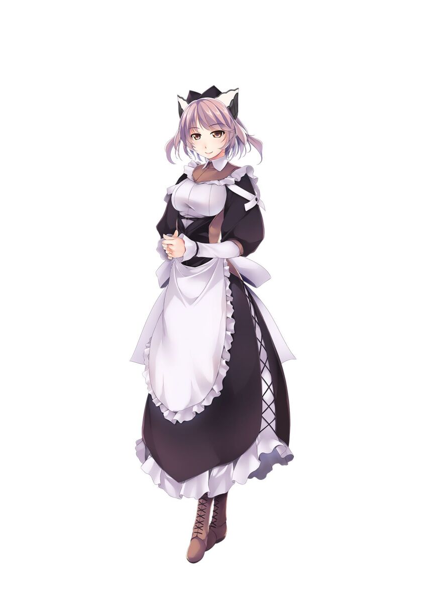 1girl, apron, atelier-moo, boots, breasts, brown_boots, brown_eyes, closed_mouth, frilled_apron, frills, full_body, hair_ornament, highres, ibis_(our_battle_has_just_begun!), interlocked_fingers, large_breasts, maid, maid_apron, our_battle_has_just_begun!, puffy_short_sleeves, puffy_sleeves, short_hair, short_sleeves, smile, solo, standing, white_apron