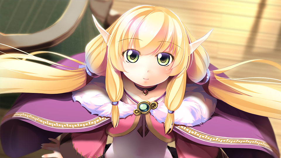 1girl, atelier-moo, blonde_hair, cloak, closed_mouth, elf, from_above, gem