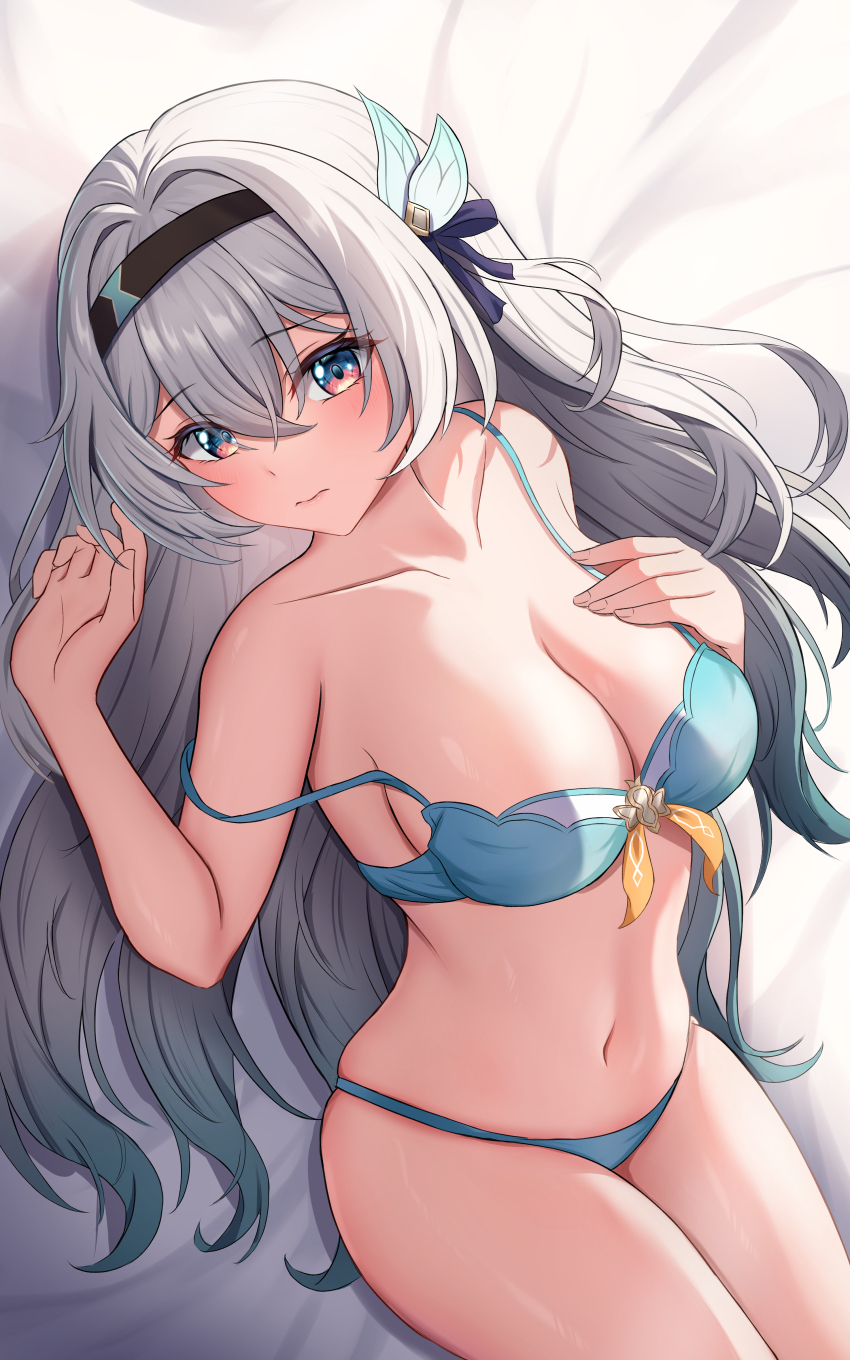 1girl, absurdres, aqua_bra, aqua_panties, bare_arms, bare_shoulders, bed_sheet, black_hairband, bra, collarbone, commentary_request, cowboy_shot, firefly_(honkai:_star_rail), grey_hair, hair_ornament, hairband, hand_on_own_chest, highres, honkai:_star_rail, honkai_(series), long_hair, looking_at_viewer, lying, navel, on_back, panties, shouhaku0512, smile, solo, stomach, thighs, underwear, underwear_only, very_long_hair