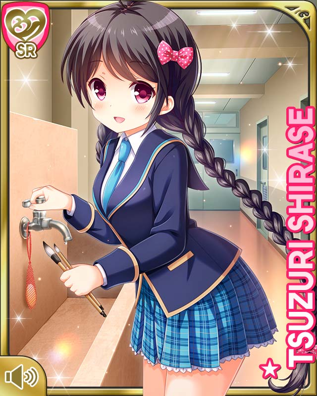 1girl, :d, ahoge, black_hair, bow, brush, card_(medium), character_name