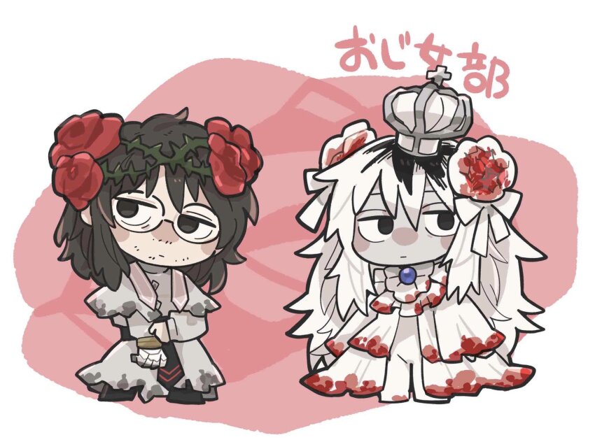 2boys, beard, beard_stubble, black_eyes, black_hair, blood, blood_on_clothes, brooch