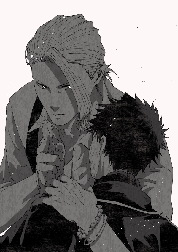 2boys, aoshiro_(aoshiro_bee), bead_bracelet, beads, black_hair, bracelet, clenched_teeth, greyscale