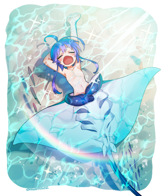 1girl, ahoge, air_bubble, arm_behind_head, arm_pillow, arms_up, blue_hair, blue_theme