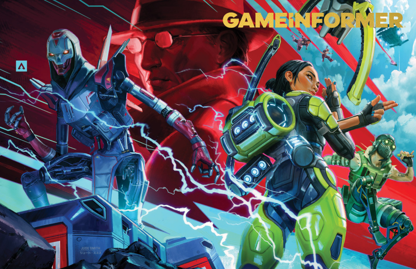 3boys, 3girls, apex_legends, arm_tattoo, artist_name, bangalore_(apex_legends), black_bodysuit, black_eyes