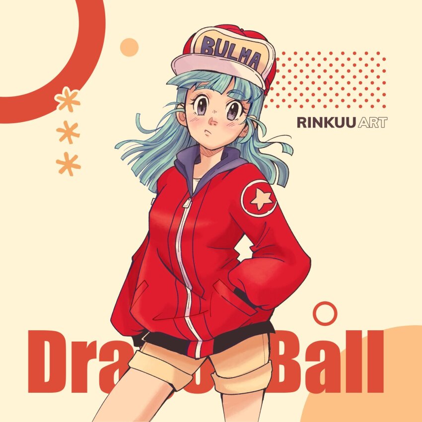 1girl, aqua_hair, artist_name, baseball_cap, bulma, character_name, circle, dragon_ball, dragon_ball_(classic), hat, highres, jacket, red_jacket, rinkuu_art, solo, standing, star_(symbol)