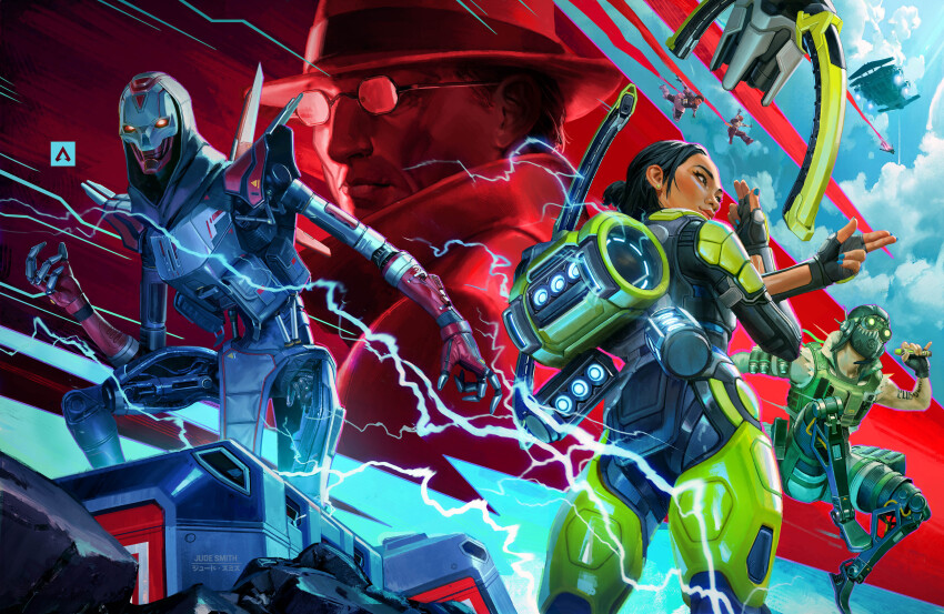 3boys, 3girls, absurdres, apex_legends, arm_tattoo, artist_name, bangalore_(apex_legends), black_bodysuit, black_eyes, black_gloves, black_hair, black_headwear, bodysuit, coat, conduit_(apex_legends), cover, textless_cover_page, cropped_vest, crossed_arms, dark-skinned_female, dark_skin, death_box_(apex_legends), east_asian, eduardo_silva, electricity, falling, fedora, fingerless_gloves, glasses, gloves, goblin_(titanfall), goggles, green_vest, hat, head_tilt, highres, holding, holding_syringe, humanoid_robot, jude_smith, lifeline_(apex_legends), magazine_cover, mask, mechanical_legs, multiple_boys, multiple_girls, octane_(apex_legends), official_art, revenant_(apex_legends), robot, shorts, simulacrum_(titanfall), sky, syringe, tattoo, trench_coat, vest, white_shorts, yellow_bodysuit