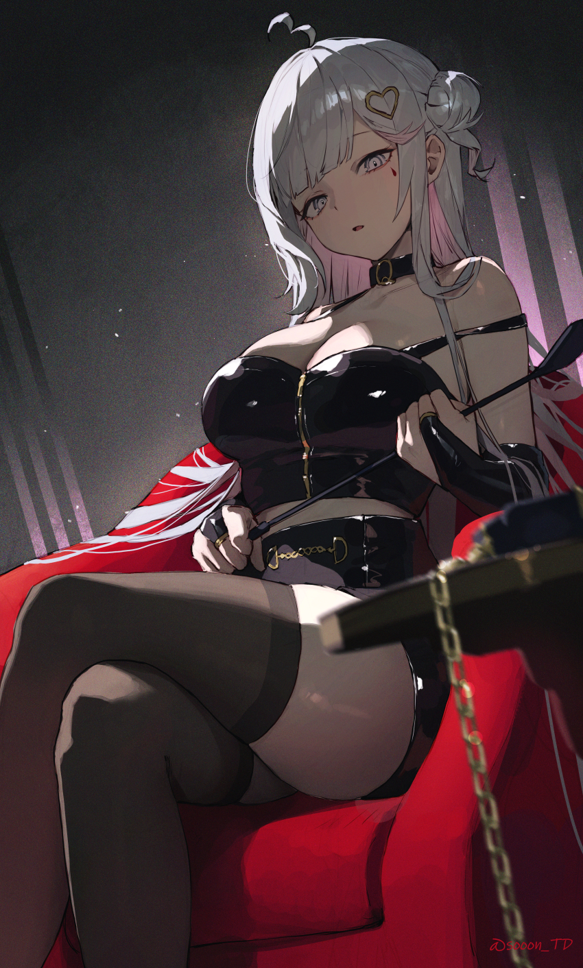 1girl, absurdres, bdsm, black_bridal_gauntlets, black_choker, black_skirt, black_tank_top, black_thighhighs