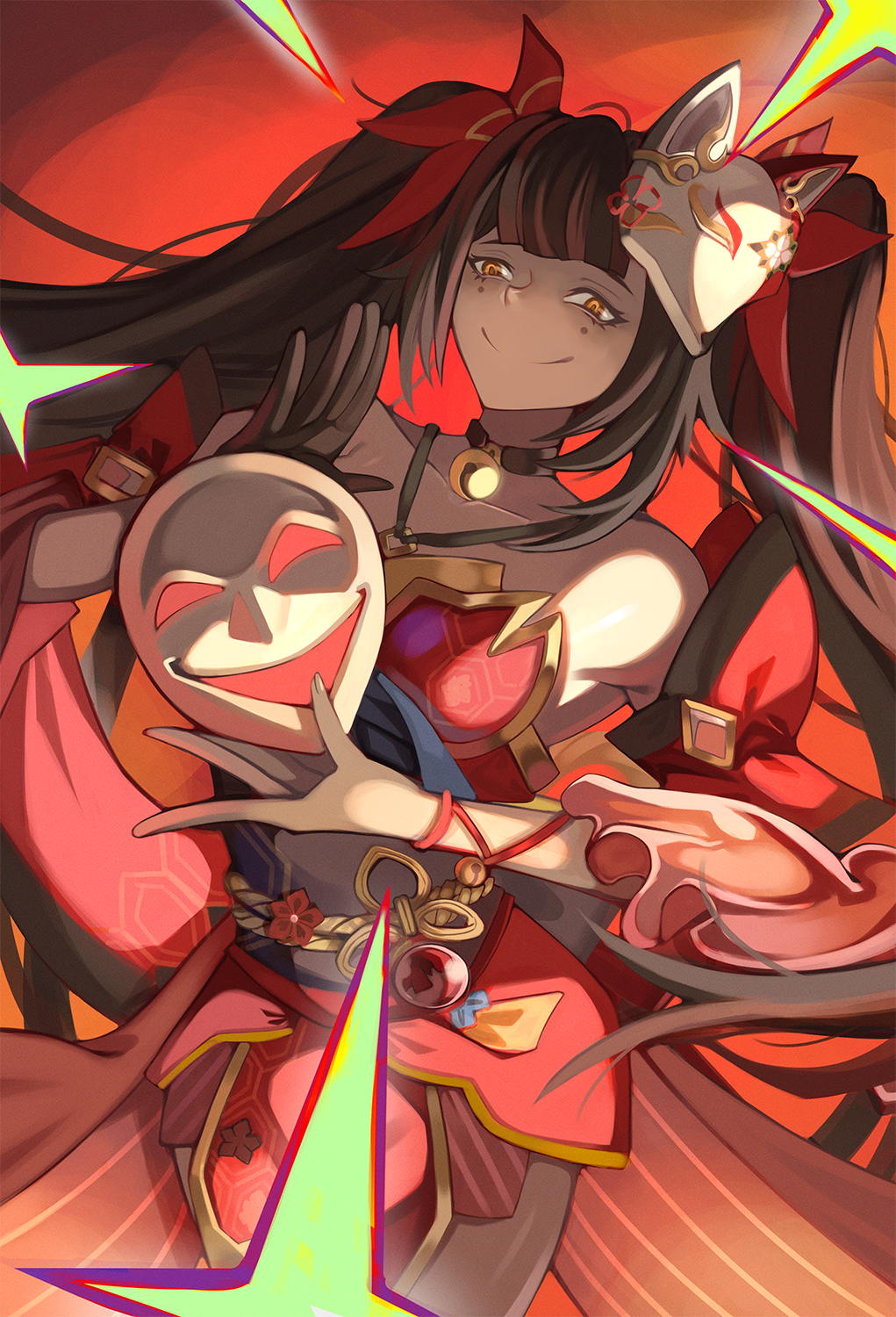 1girl, alternate_eye_color, aroi26, bare_shoulders, bell, black_choker, black_hair, black_sash