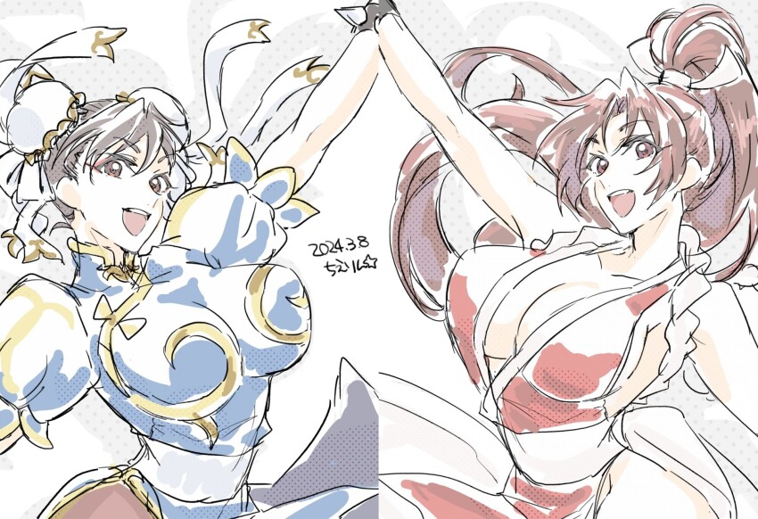 2024, 2girls, black_hair, breasts, brown_eyes, brown_hair, bun_cover, capcom, chun-li, cleavage, crossover, dated, double_bun, female_focus, hair_bun, high_ponytail, highres, large_breasts, long_hair, looking_at_viewer, matching_hair/eyes, multiple_girls, open_mouth, ponytail, puffy_short_sleeves, puffy_sleeves, shiranui_mai, short_sleeves, smile, street_fighter, the_king_of_fighters, upper_body, yanada_kiyorin