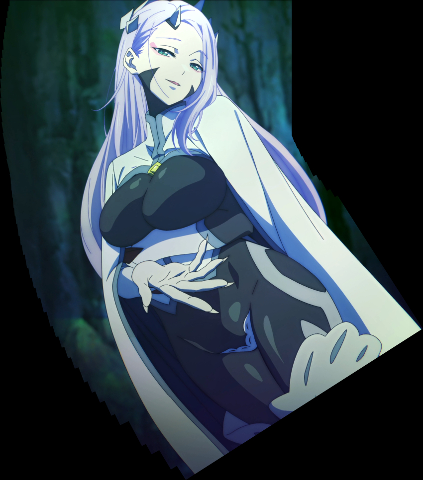 1girl, absurdres, anime_screenshot, arm_under_breasts, bodysuit, breasts, cape, fingernails