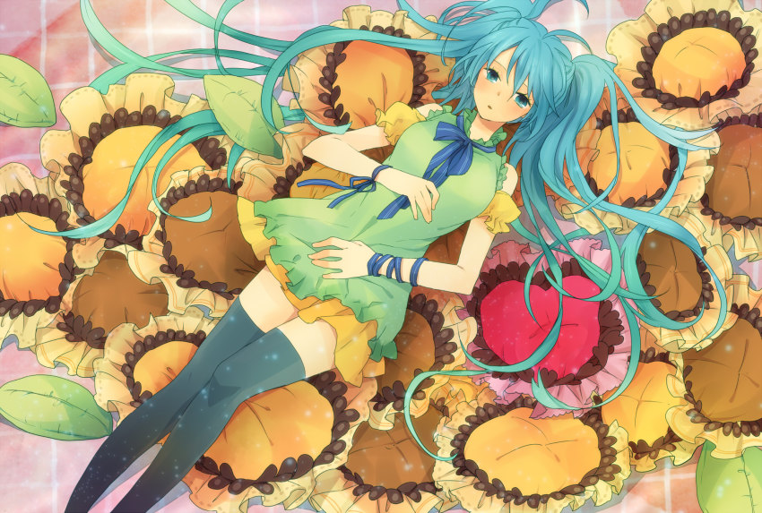 1girl, aqua_eyes, aqua_hair, bow, bowtie, cushion, dress, female_focus