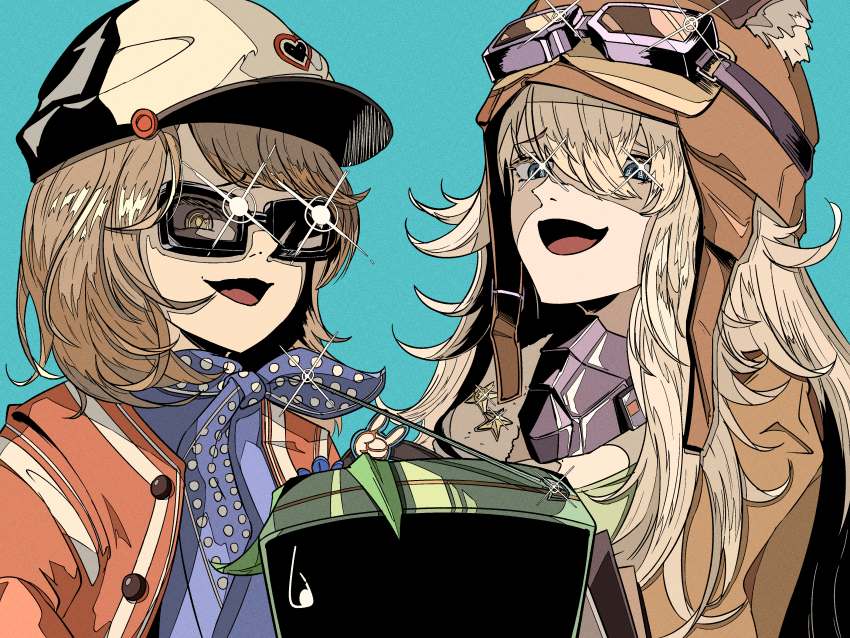 +_+, 2girls, :d, absurdres, animal_ear_headwear, aviator_cap, blonde_hair, blue_background