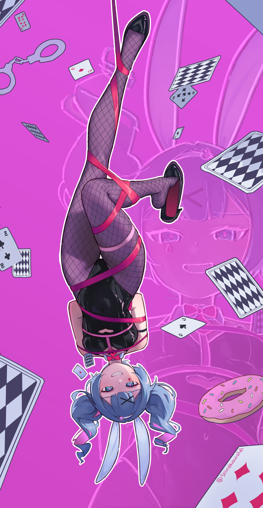 1girl, animal_ears, arms_behind_back, black_footwear, blue_eyes, blue_hair, bound, breasts