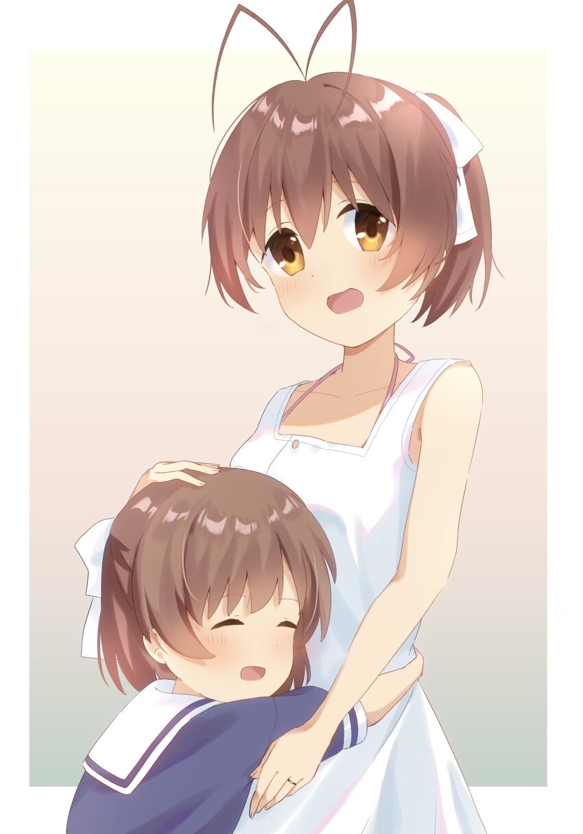 2girls, antenna_hair, blue_dress, brown_eyes, brown_hair, clannad, commentary_request, dress